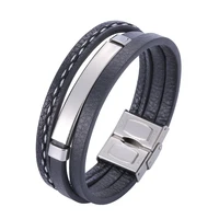 new fashion black multilayer leather wrap bracelet men wristband jewelry accessories stainless steel male bangles gifts ps1153