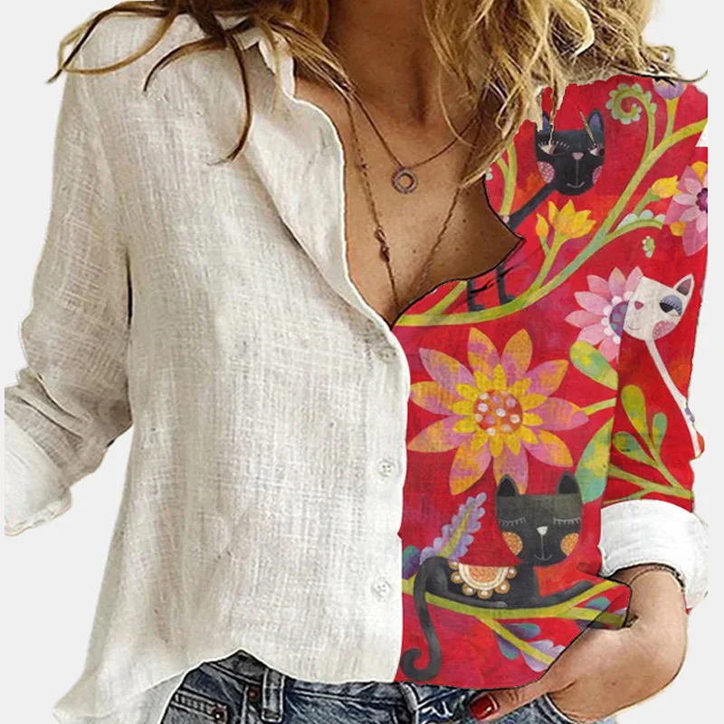 

Vintage Women Patchwork Button Long Sleeve Blouses Autumn Casual Loose Office Shirt Femme Plus Size 5XL Floral Print Shirt Blusa