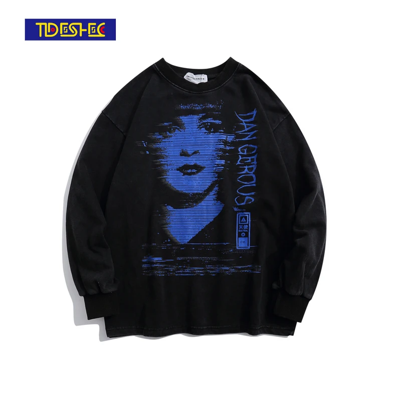 

TIDESHEC 2021 Hip Hop Streetwear Pullover Gothic Girls Printed Sweatshirt Harajuku Cotton Loose Pullover Washed Sweatshirt