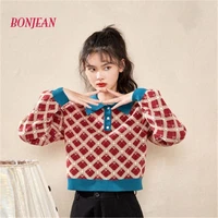 autumn vintage knitted jumper sweater turn down neck pullover plaid sweater college style sweaters bottoms clothes pull femme