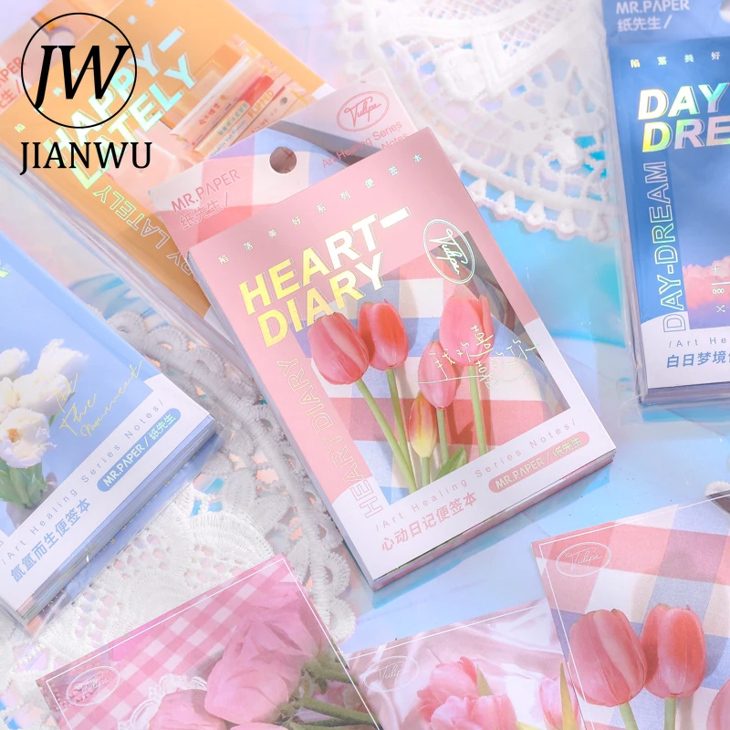JIANWU 90 Pcs INS Style Simple Aesthetic Memo Pad Cute Bronzing Collage Material Girl Heart Notepad Kawaii Decoration Stationery |