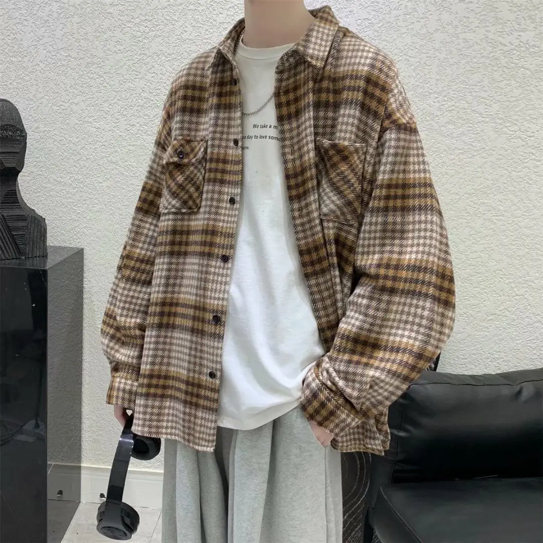 Woolen Shirt Men's Korean Fashion Student Handsome Long Sleeve Shirt Spring and Autumn Casual Coat