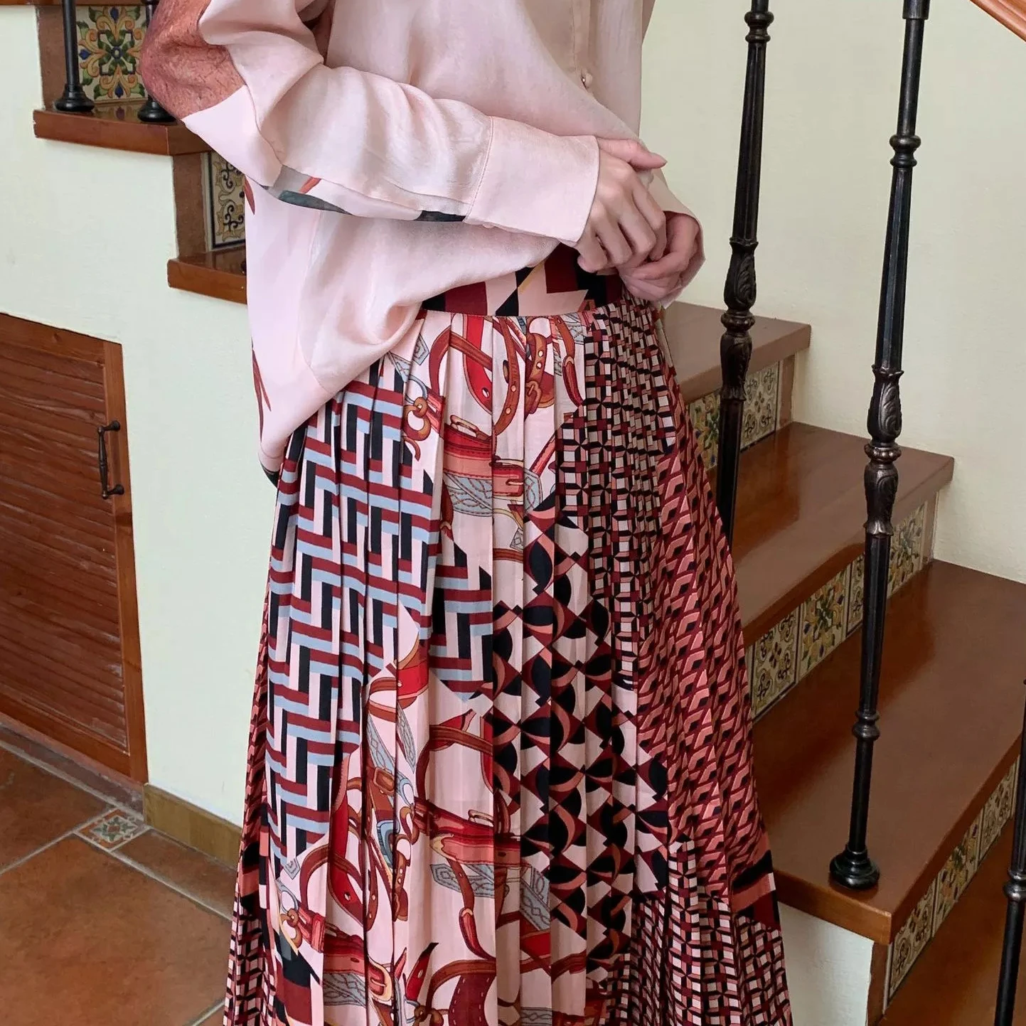 Винтажная шифоновая Женская юбка с высокой талией и геометрическими узорами