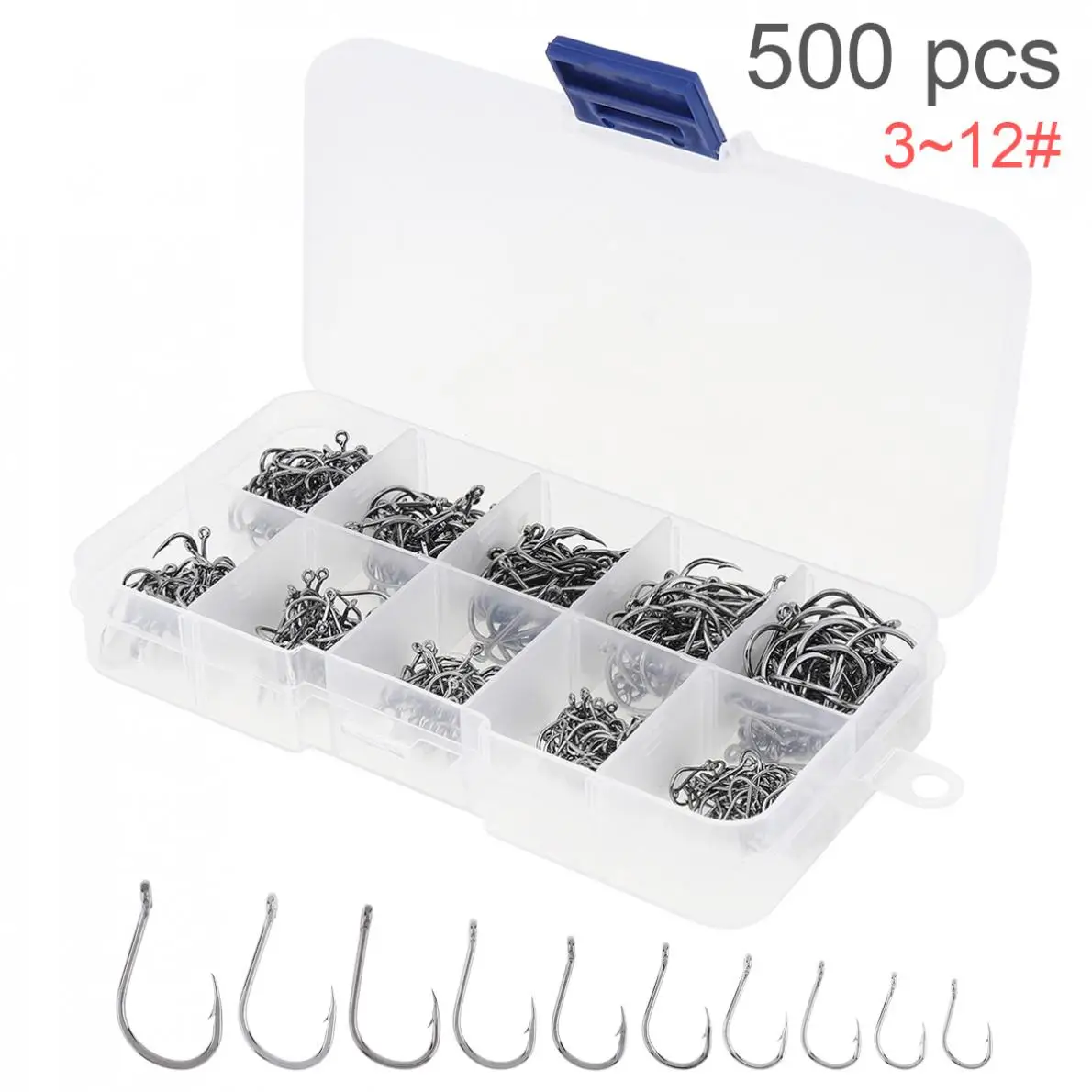 

Fishing Hooks 500pcs Fishing Hooks Kit Barbed Jig Hole Hook 3-12# 10 Size Carbon Steel Carp Fishhook Set with Fishing Tackle Box