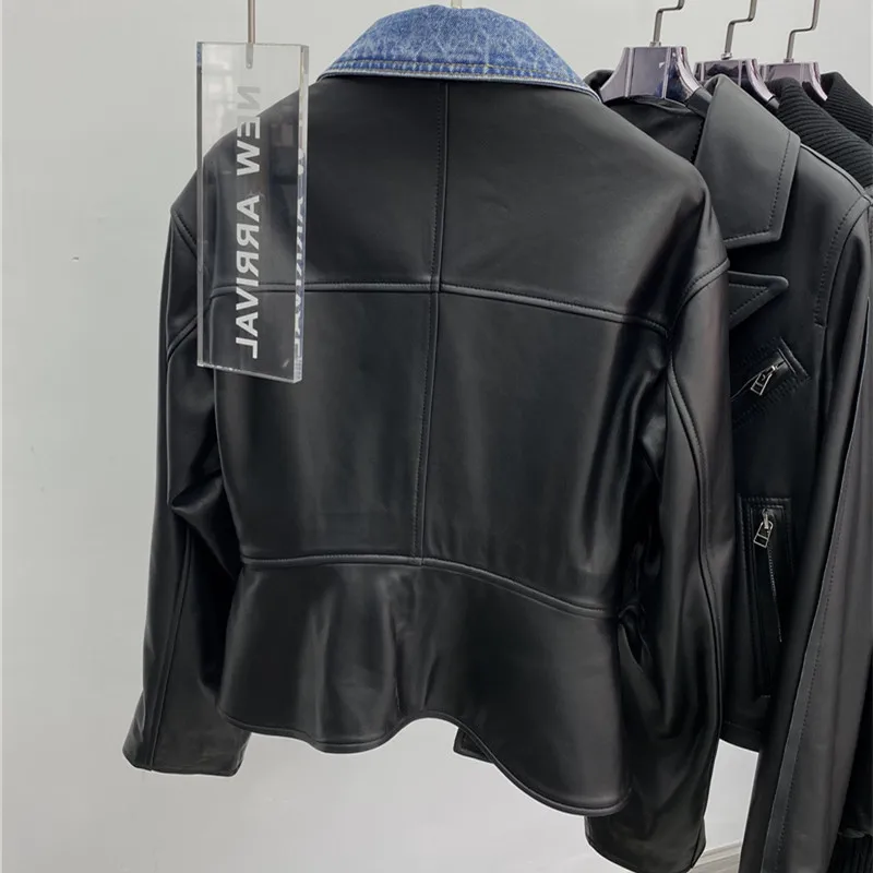 Runway Designer Sheepskin Genuine Leather Jacket Women Fashion Luxury Autumn Coats Patchwork Denim Real Leather Outwear Clothing