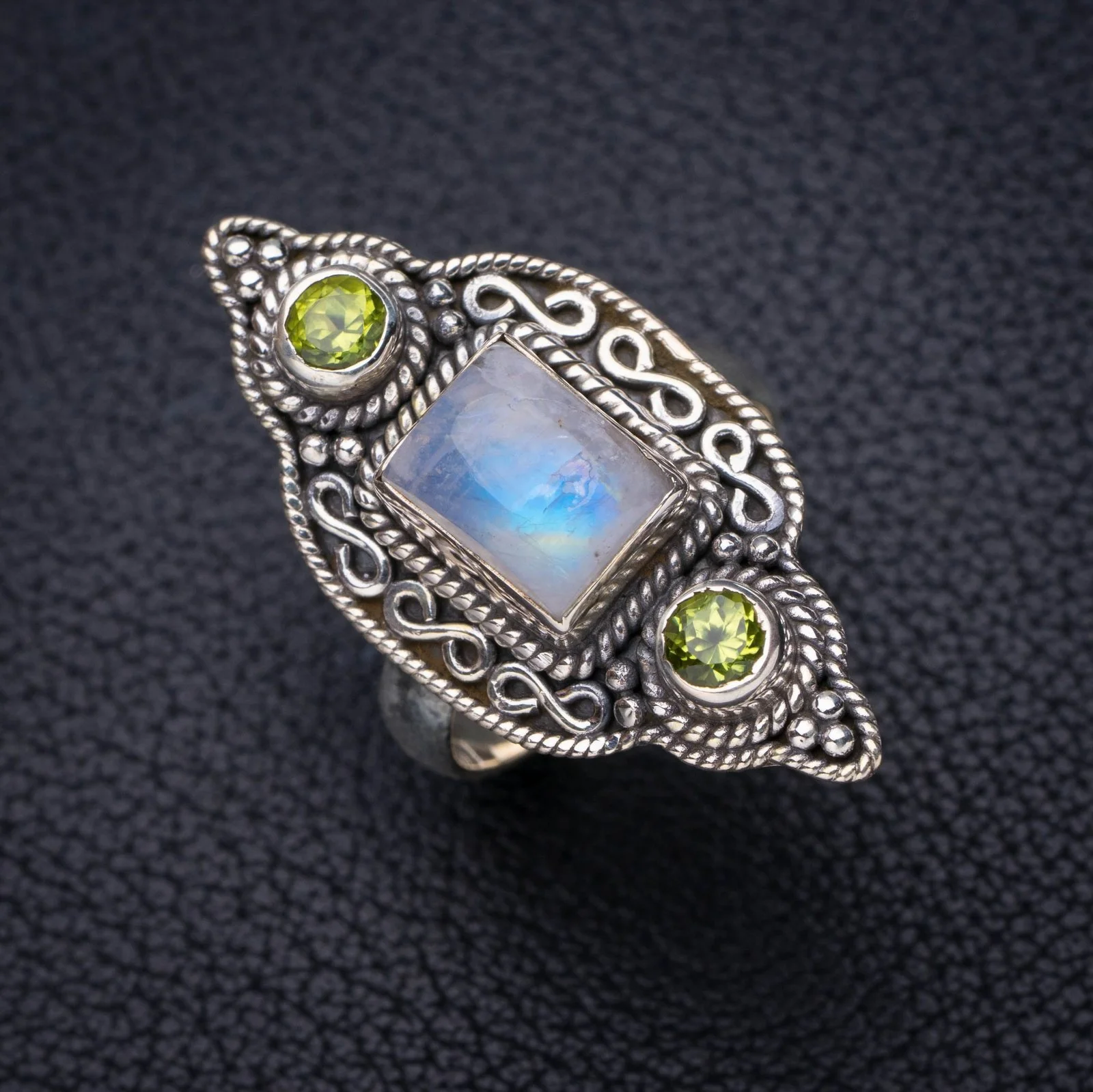 

StarGems натуральный лунный камень, Перидот ручной работы, фотосеребряное кольцо 7,5 E7286