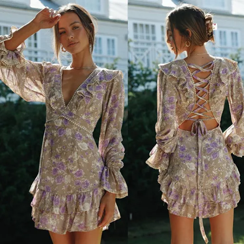 

2021 Women's Fashion Printed V-neck Short Skirt Leisure Vacation Long Sleeve Open Back Lace Dress