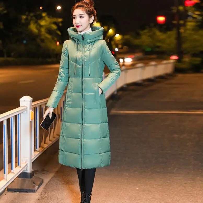 Женская парка, модная зимняя женская куртка, 6XL, manteau femme hiver, хлопковое пальто, женская куртка с капюшоном, тонкая Длинная парка - Цвет: Зеленый