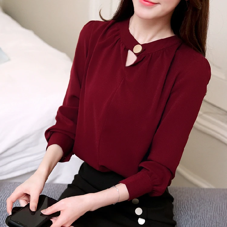 Модная женская блузка 2021 голубая шифоновая с длинным рукавом рубашка офисная