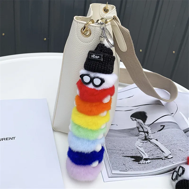 Women Genuine Rex rabbit fur Pendant Colorful caterpillar Fur Keychain Fluffy Toy Bag Car Charm Key Ring Couple Hanging chain | Украшения и