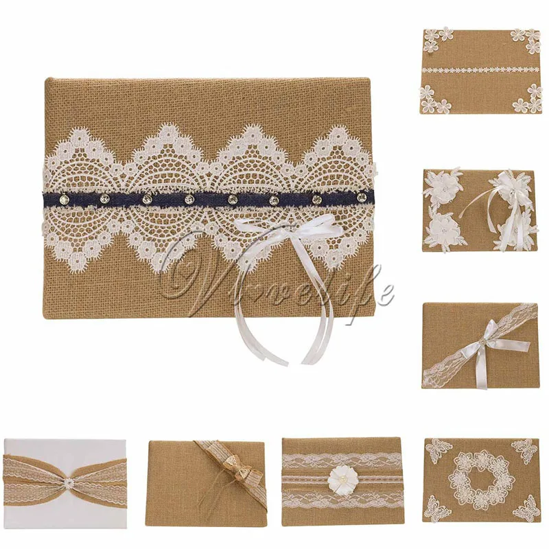Vintage Burlap Wedding Guest Book With Lace Bow for Birthday Party Reception Decor 25x16cm Home Gifts | Дом и сад