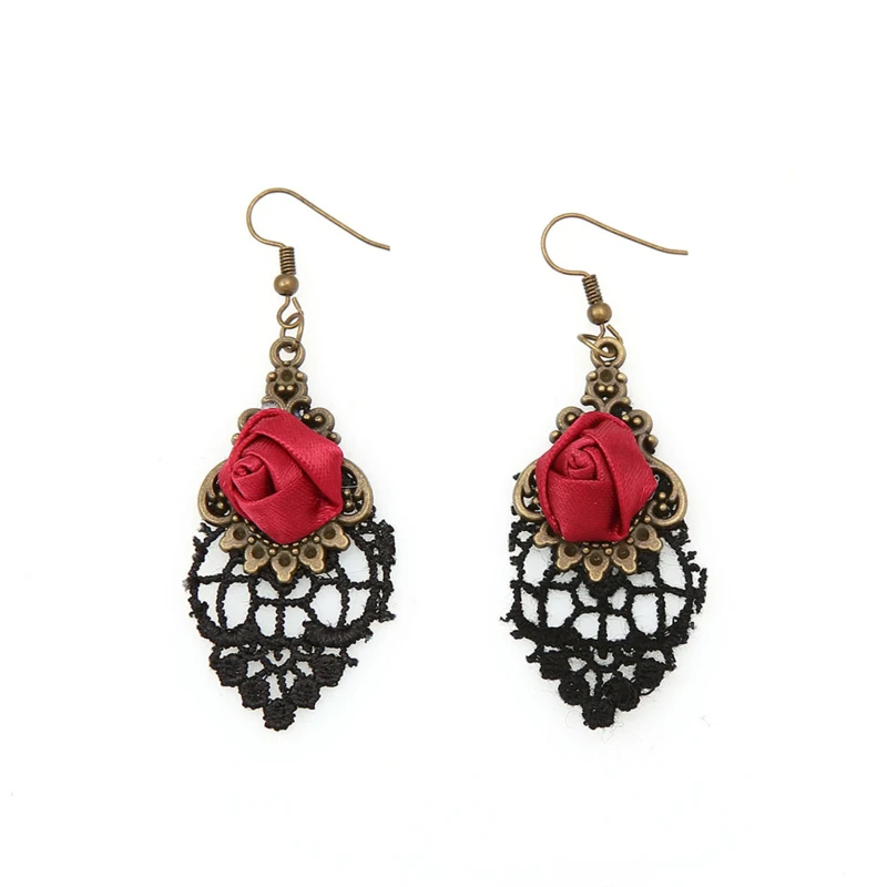 

Ladies Gothic Rose Earrings Retro Vampire Silk Red Rose Lace Elegant Party Costume Ball Drop Earrings For Women