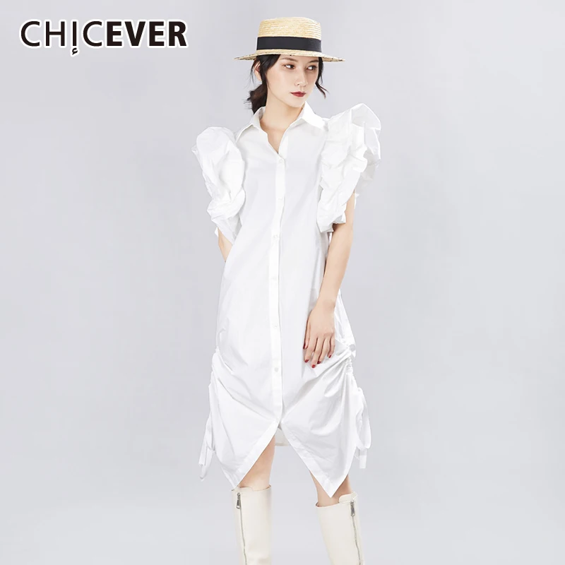 

CHICEVER повседневное белое платье для женщин с отложным воротником без рукавов однобортное платье средней длины женская одежда 2021 Мода