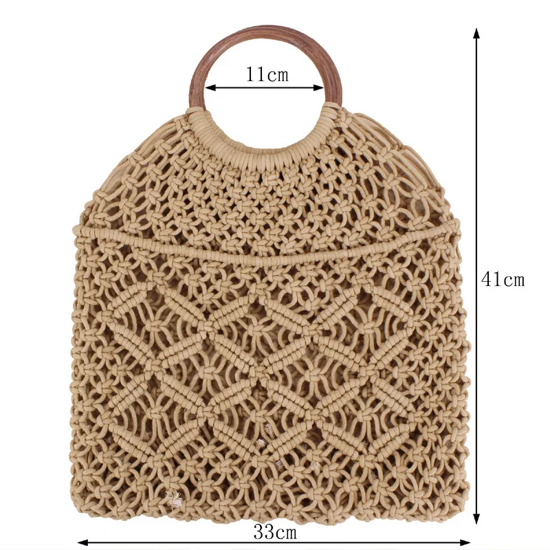 

New Pure Color Woven Tote Trendy Female Mori Style Straw Degrees Handmade Cotton String Net Pocket Beach Bag