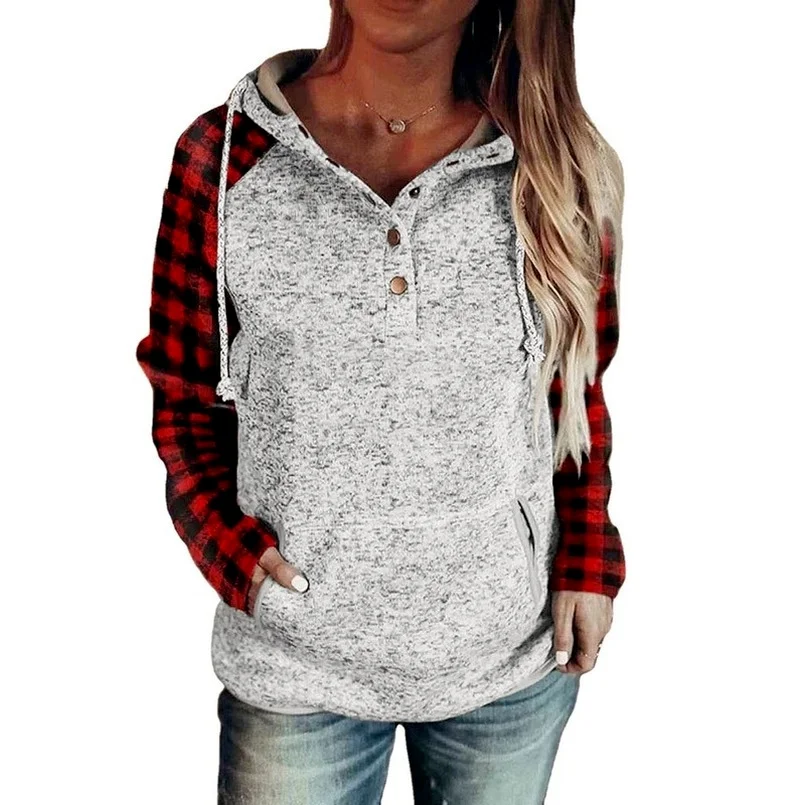 

Loose Fit Women Plaid Raglan Sleeve Casual Streetwear Sweatshirt Button Poleron Mujer Kangaroo Pocket Hoodie Contrast Drawstring
