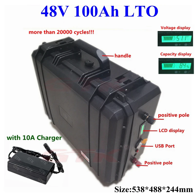 

Portable LTO 48V 80Ah 100Ah 150Ah Lithium Titanate battery 2.4v cells BMS for trolling motor solar energy storage +10A Charger