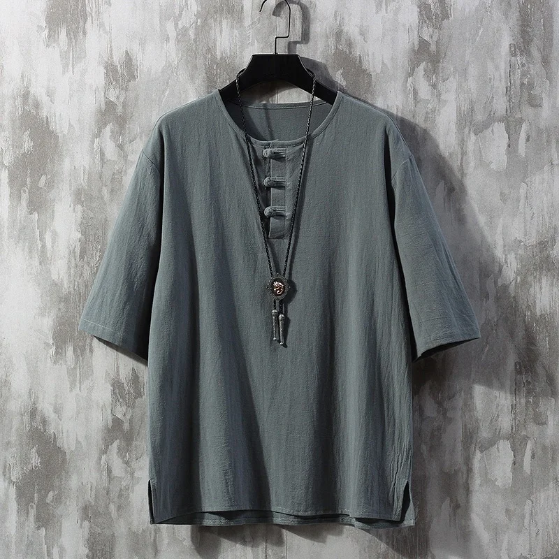 

Summer Men Cotton Linen Blouse Short Sleeve T Shirt Chinese Traditional Clothes Male Hanfu Tang Suit Streetwear Tees Tops KK3411
