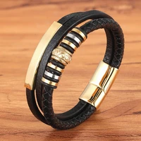 xqni fashion promotion multi layer leather stainless steel metal luxury mens leather bracelet accessories for new years gift