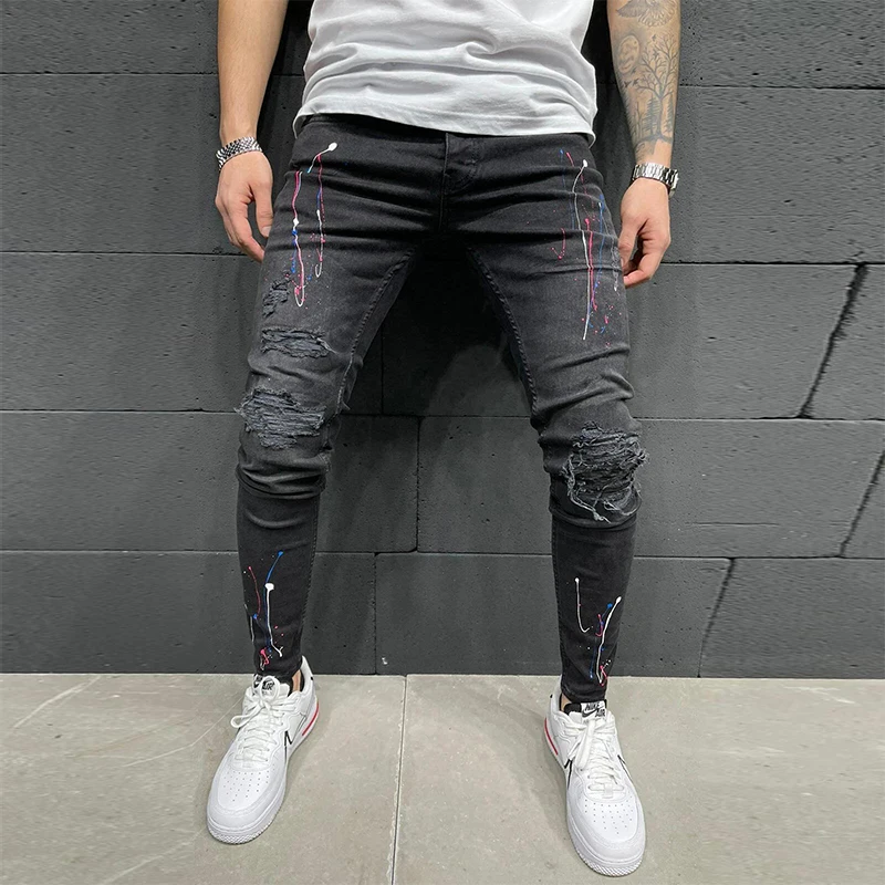 

Fashion Paint Printing Men Ripped Skinny Jeans Patchwork Slim fit Biker Pencil Pants Casual Hip Hop Jeans Male Moto Denim Trouse