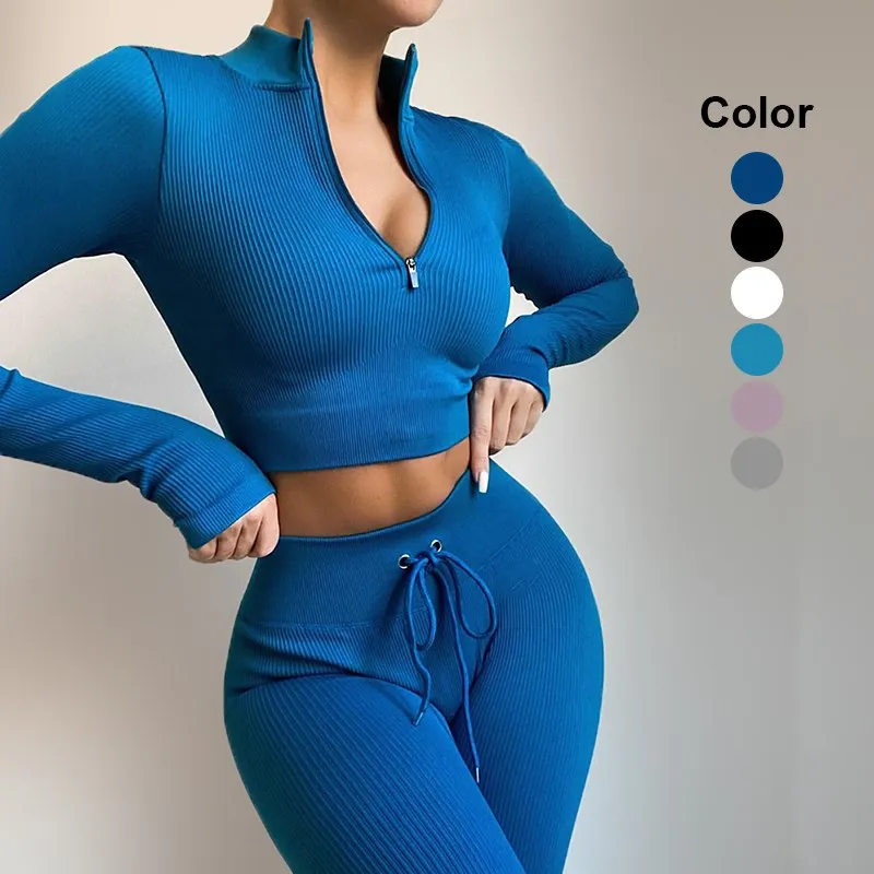 

Бесшовный Ребристый комплект для йоги, спортивная одежда для женщин, укороченный топ с длинным рукавом, брюки с высокой талией, теплый костю...