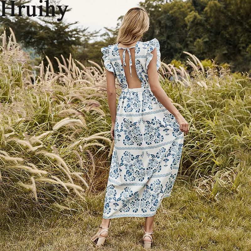 

Maid Dress Ruffles Ankle-Length Floral Printing Fashion Bohemian Dress Casual A-line Sleeveless Backless Vestidos Largos