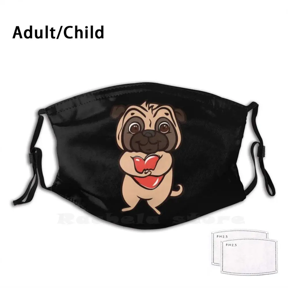 

Lovely Beautiful Cute Pug Holding Red Heart Print Washable Filter Anti Dust Mouth Mask Pug Pug Umbrella Pug Gentleman Pug Life