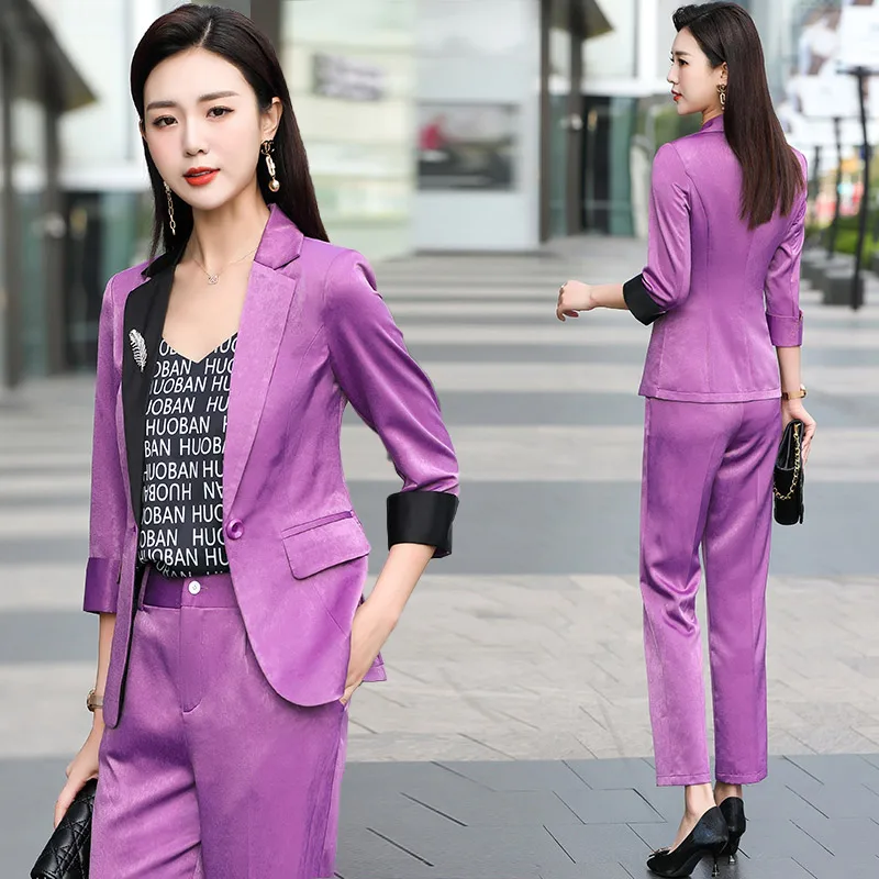 

Высококачественный Ацетатный атласный фиолетовый женский костюм Новинка весна-лето 2021 Повседневная мода для взрослых женщин деловой комп...