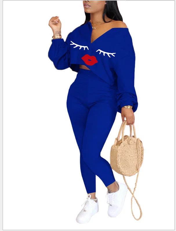 

New Classic 2 Piece Set Women's Fashion Lip Print Long Sleeve Top + Pencil Pants Matching Sexy Two- Piece Set 2021 Wholesale