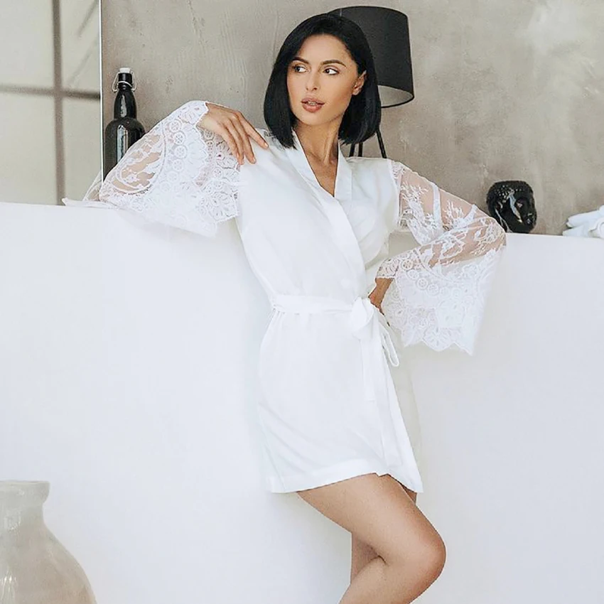 

Restve White Women Robes With Sashes Flare Sleeve Lace Patchwork Female Casual Home Robe Mesh Mini Bathrobe Satin Autumn 2021