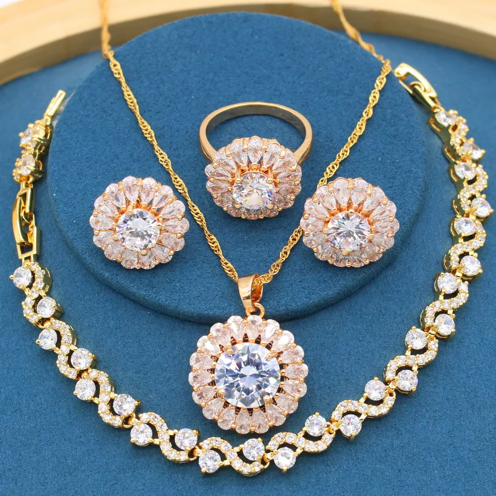 

White Zircon Gold Jewelry Sets for Women Bracelet Stud Earrings Necklace Pendant Ring Birthday Gift