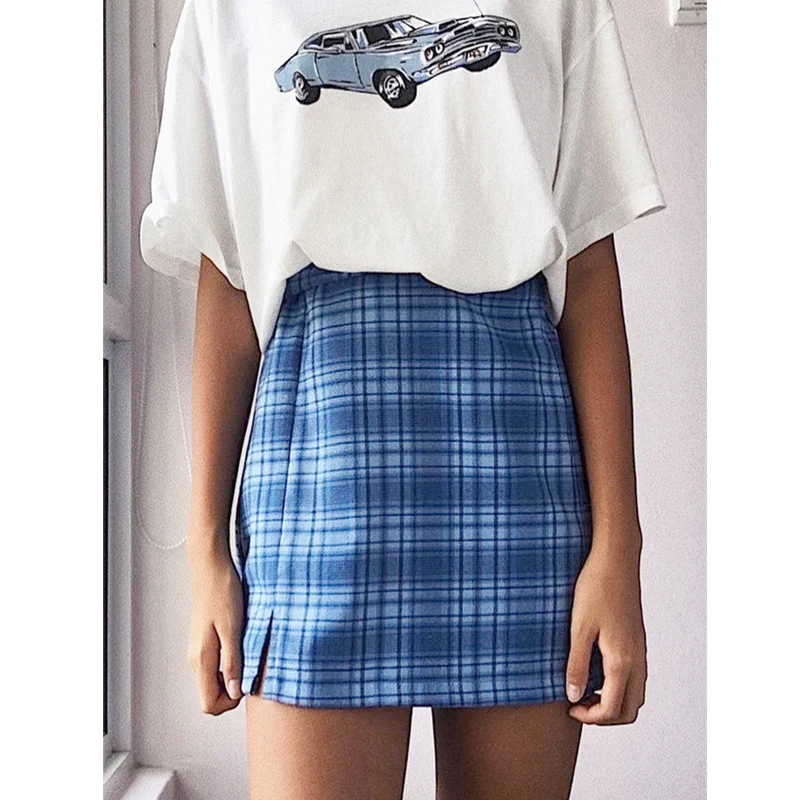

Skirts Women Plaid Stitching Split Summer Mini Skirt Student Sexy Wrap Hip Korean Style Plaid Streetwear Girls Cute Female Daily