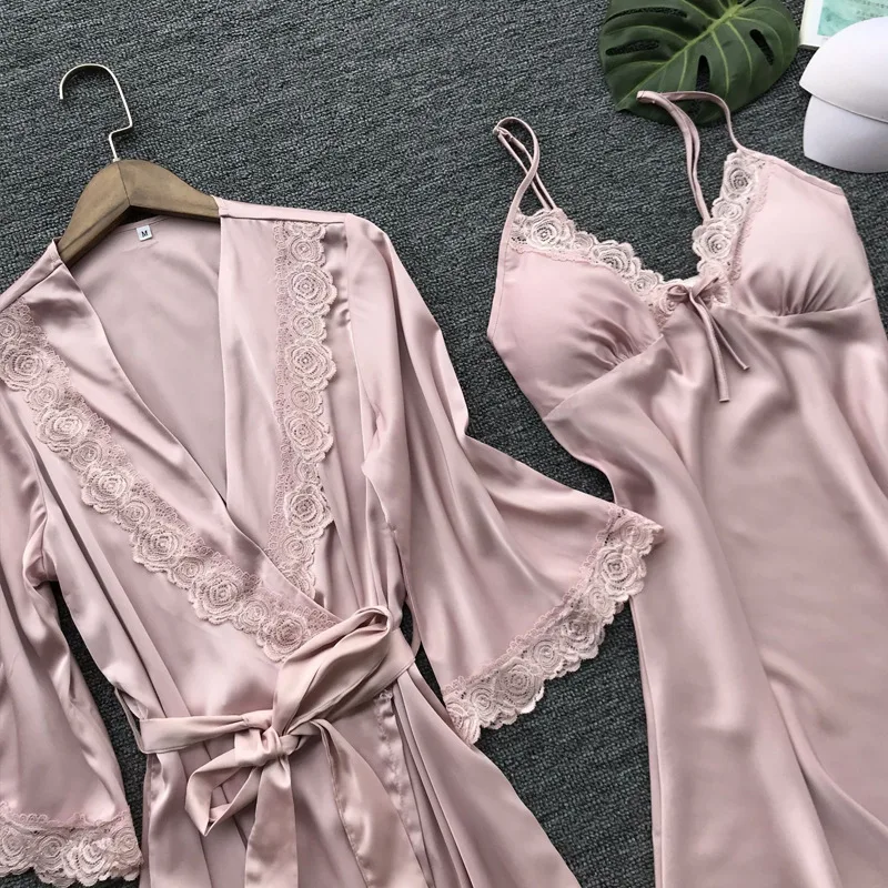 Women Sexy Rayon Kimono Bathrobe Bride Bridesmaid Wedding Robe Set Lace Trim Sleepwear Night Dress With Chest Pads - Цвет: G
