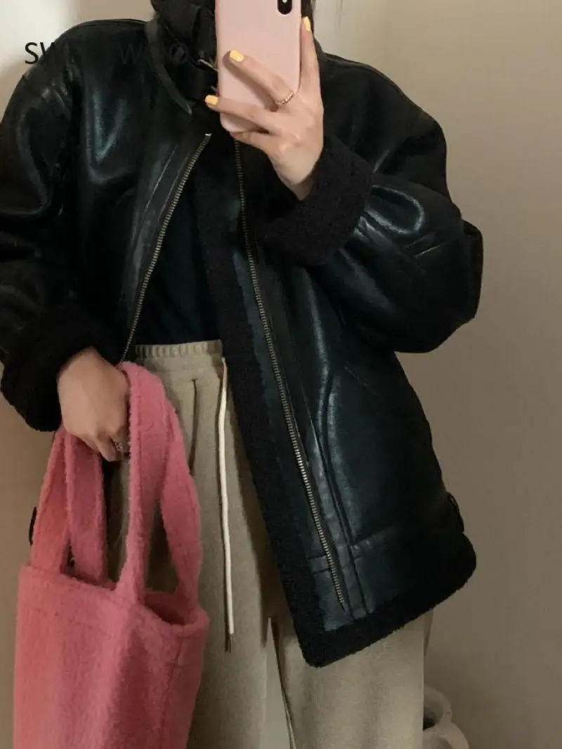 Women Faux Leather Fur Coats Sheep Leather Shearling Thicken Jacket Lady Fashion Long Sleeve Zipped Outerwear Winter Warm Coat