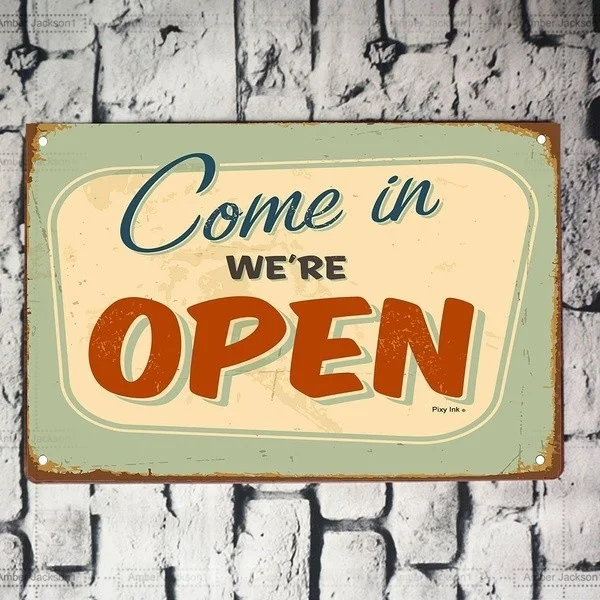 

Металлический Настенный знак, настенная фотография, коллекция искусства, мы открываем модный металлический жестяной знак, декор бара, паба,...