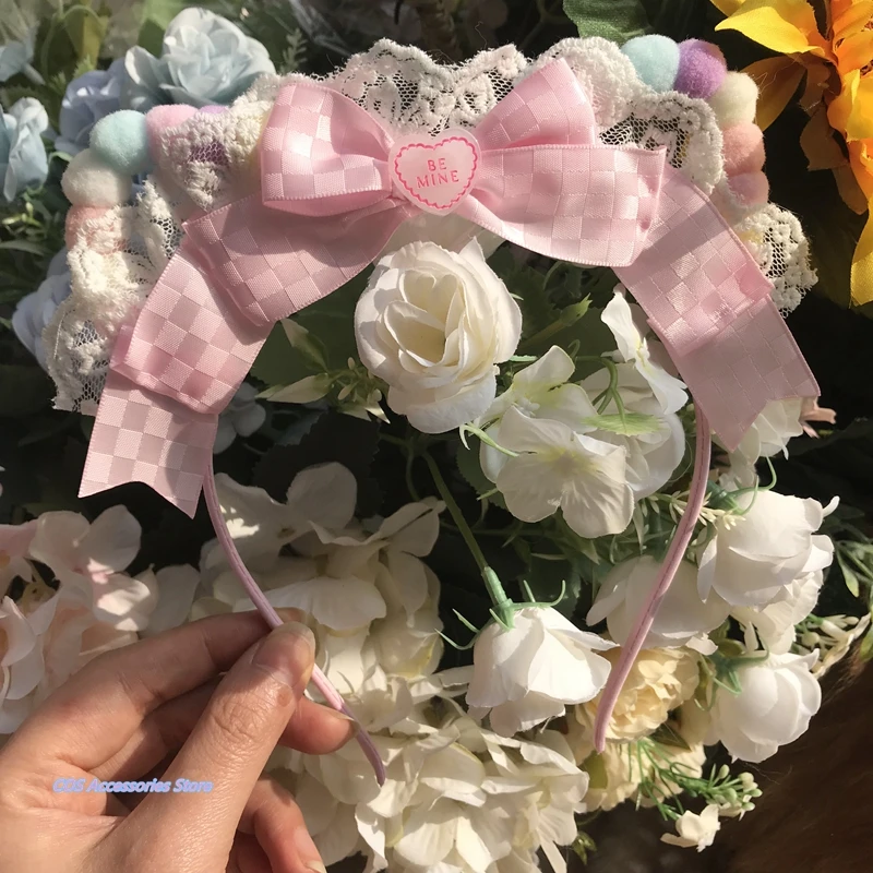 

Japanese Original Lolita Wild Pink Plush Rabbit Ears Cat Ears Hair Hoop Sweet KC Lace Love Bowknot Handmade Girls Headdress New