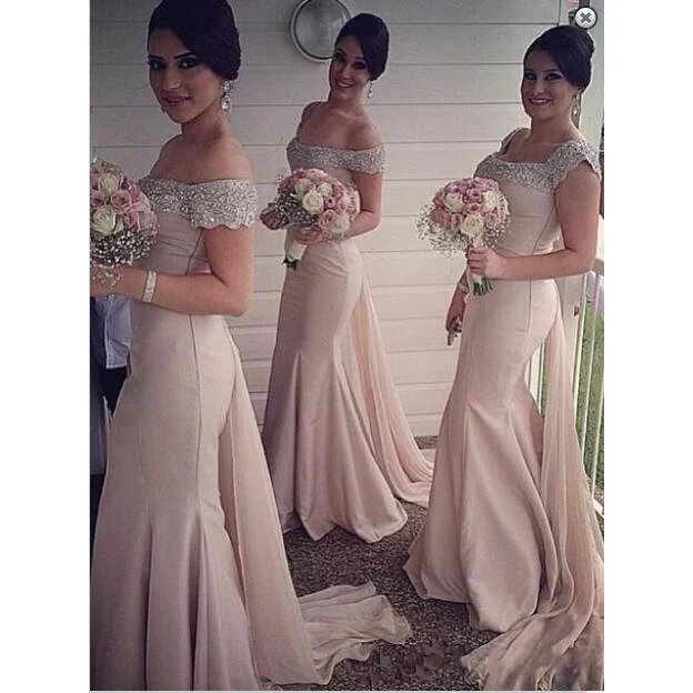 

Elegant Beautiful Cap Sleeveless Elastic Satin Bridesmaid Dresses Formal Prom Dresses Gowns with Tail