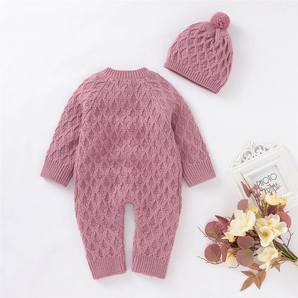 

Infant Newborn Baby Girls Boys Romper Clothing Autumn Winter Knitted Long Sleeve Crotch Buttons Romper Top+Hat 2Pcs Outfit 0-18M