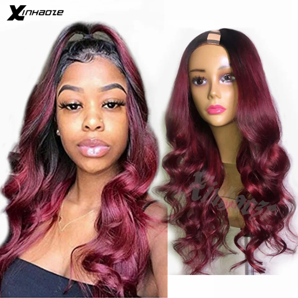 Xinhaoze Ombre 1bT99J U Part Wigs Human Hair Brazilian Remy Body Wave Wig Burgundy Dark Red Middle Part 2x4'' U Part Shape Wig