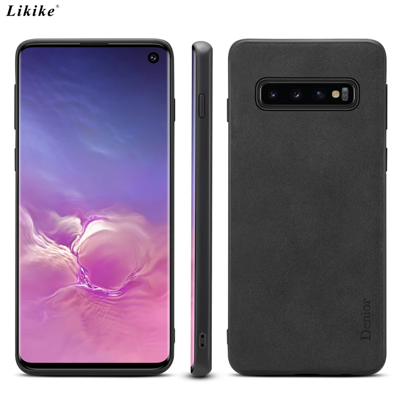 Likike Frosted Leather Back Phone Case for Samsung Galaxy S10 Plus Silicone Frame Cover Vintage Luxury Plain Style Fashion |