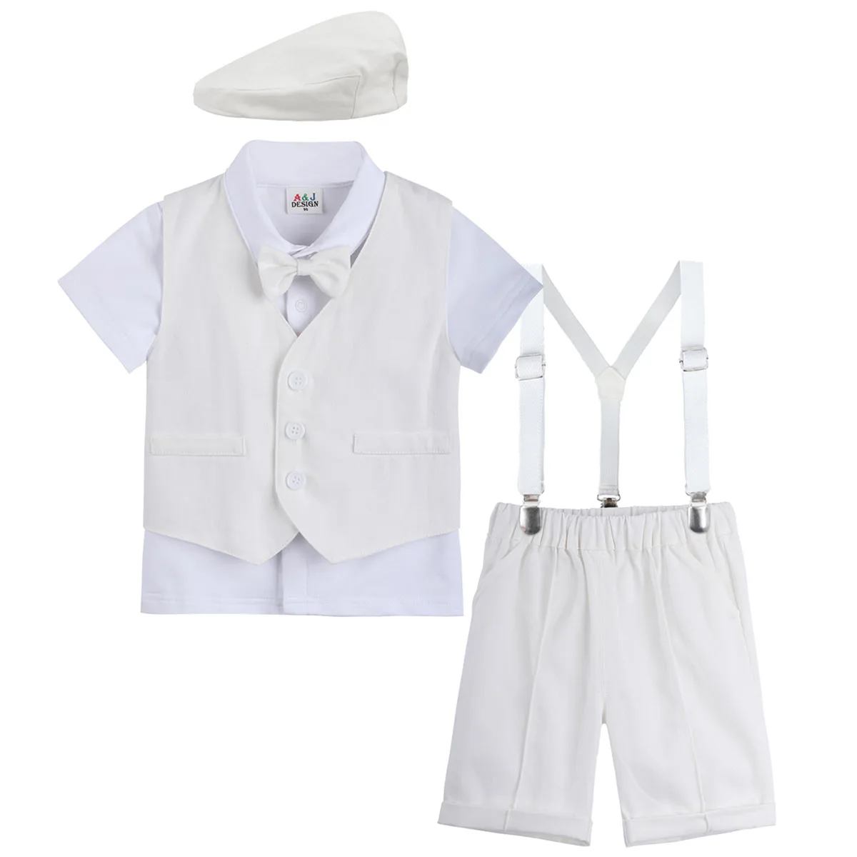 

Baby Boys Baptism Suit Infant Wedding Gentleman Party Gift Costume White Bow Tie Suspender Overall Christening Sets 4PCS