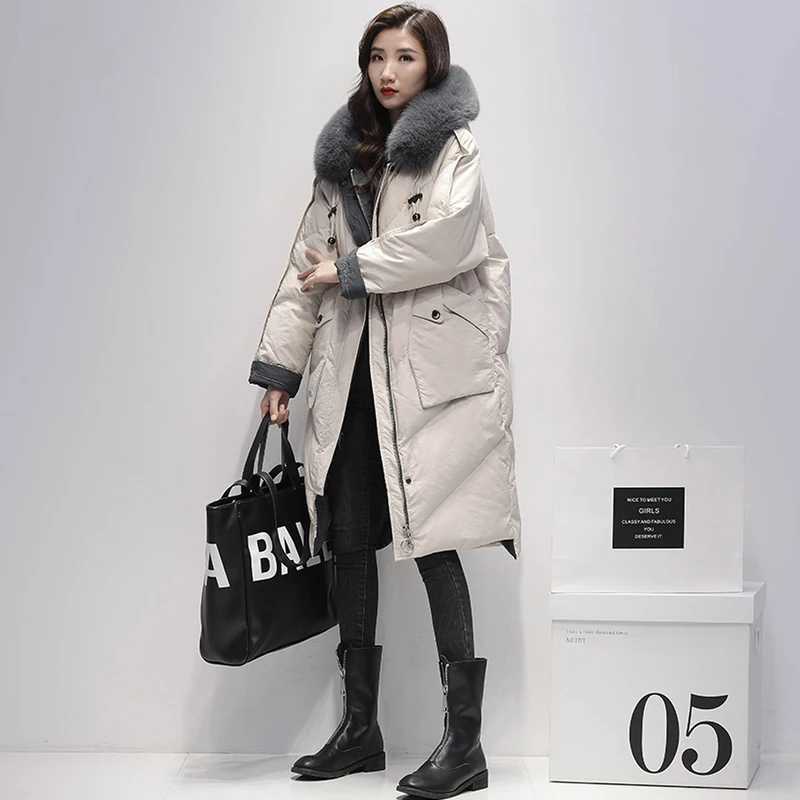 

Casual Hooded White Duck Down Jacket Women Winter 2021 Long Big Real Fox Fur Collar Coat Female Korean Jaqueta Feminina Gxy1001