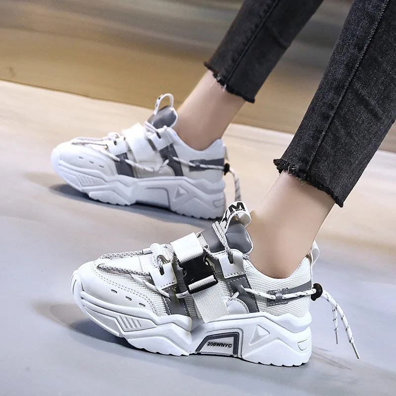 

Women Platform Sneakers Black Buckle Spring Fashion Korean Mesh Casual Shoes Thick Sole Lace-up Trainers Female Vulcanize Shoes
