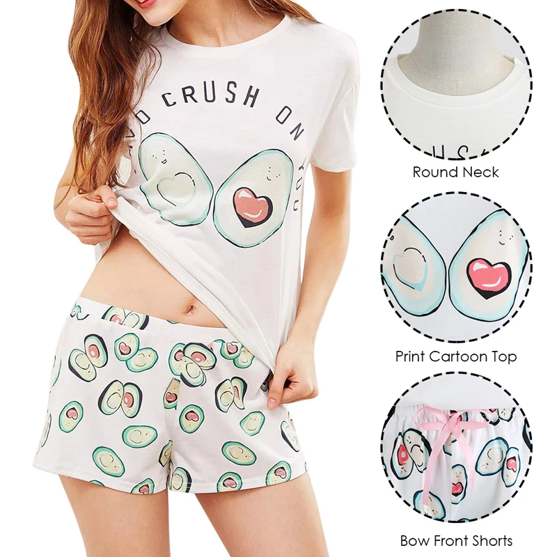 Womens Round Neck Print Cartoon Tops And Bow Front Shorts Pajama Sets 2020 Casual Sweet Woman Short Sleeve | Женская одежда