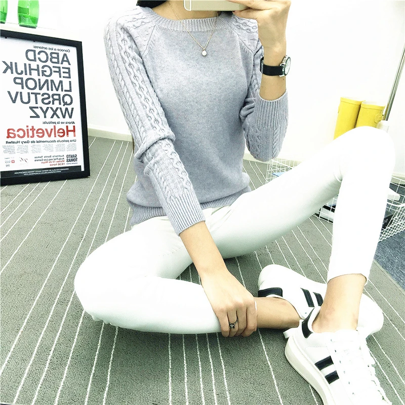 Женский пуловер с круглым вырезом однотонный базовый вязаный свитер в Корейском