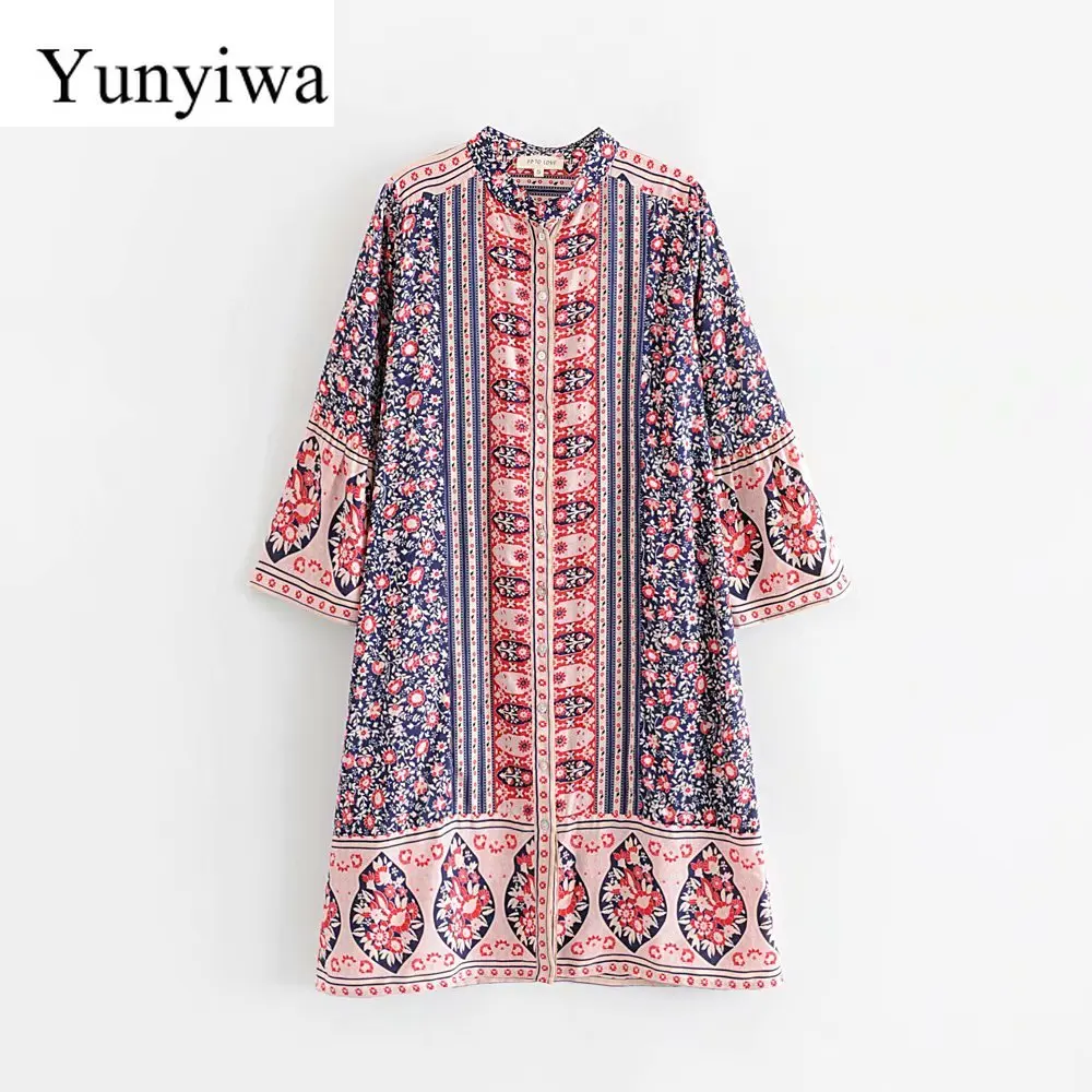 Новинка женское богемное повседневное прямое платье с цветочным принтом Ретро