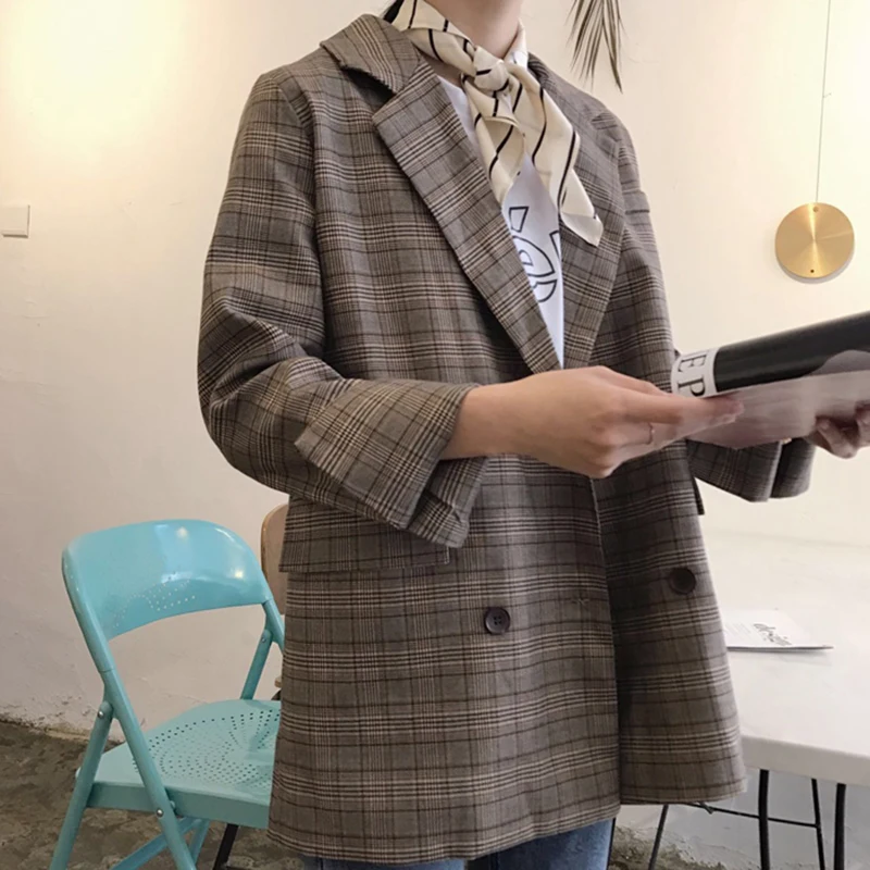 Двубортный Корейский ретро клетчатый костюм женский осенний Новый Свободный