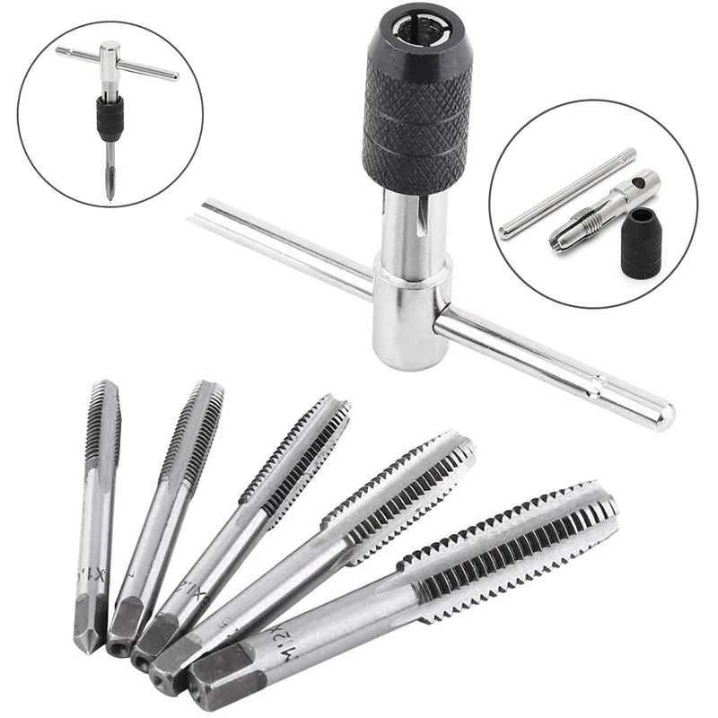 

6pcs Hand Screw Tap Wrench Tap Die Tool Set M3/M4/M5/M6/M8 With T-type Wrench Straight Fluted Screw Thread Metric Plug Tap Drill