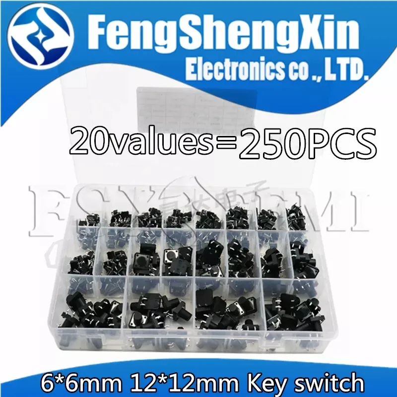 20values=250pcs 6x6 12x12 DIP Micro Switch  Assorted Push Button Tact Switches 6*6mm 12*12mm Button Touch Switch Diy Kit