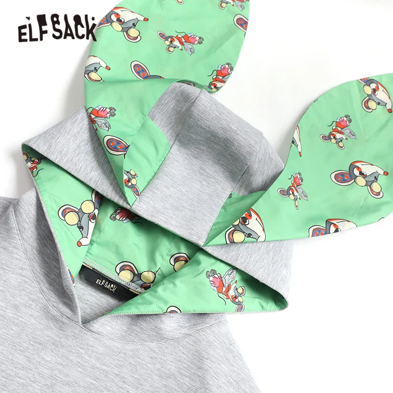 ELFSACK, серый, однотонный, с принтом крысы, пэтчворк, с капюшоном, Повседневный свитер, платье для женщин, зима, корейский стиль, рукав-фонарик, женские платья