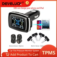 develuck car tpms cigarette lighter wireless universal tpms digital tpms tire pressure alarm system 4 external internal sensor